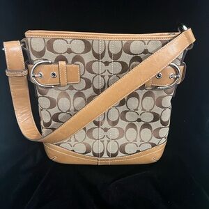 Vintage Coach Khaki Brown Tan Signature Jacquard Leather Shoulder Bag